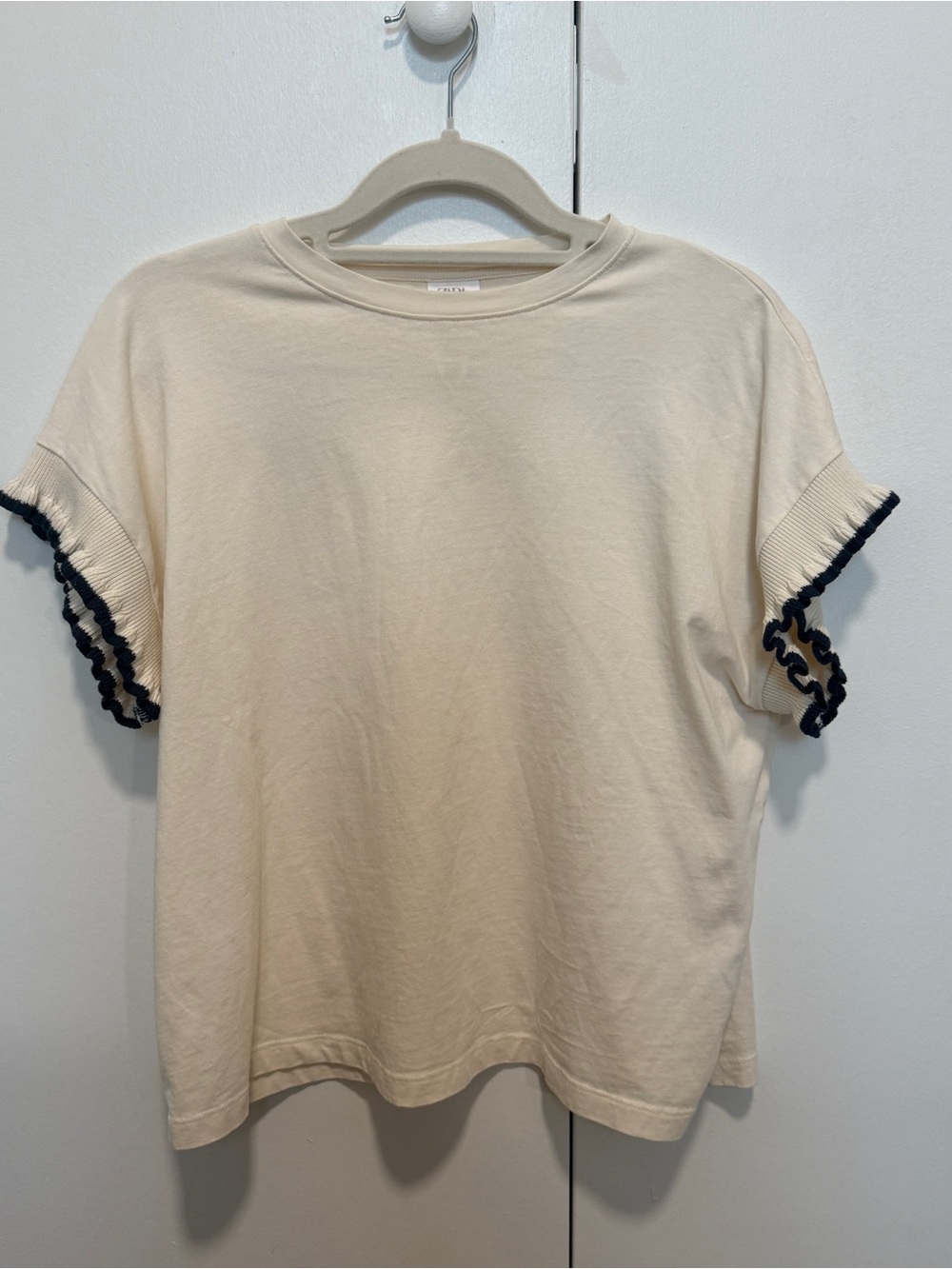 Zara Cream Short Sleeve Tee with Navy Ruffle Sleeves